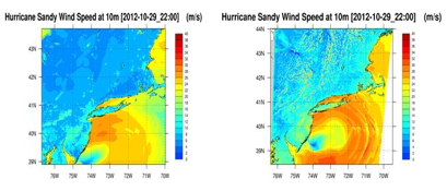 Figure: (left) RAMS/ICLAMS model and (right) WRF model wind speed at 10m height for Hurricane Sandy (2012) at 10 PM on October 29, 2012.